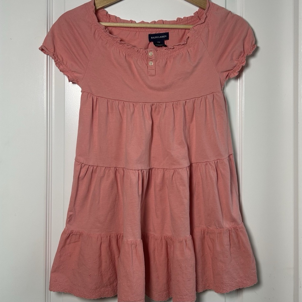 Ralph Lauren Girls' Cotton Coral Pink Tiered Dress Smocked Ruffle Eyelet Hem